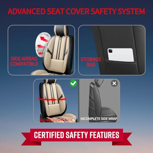 Image of Fit Canyon Car Seat Covers (Only Front 2 Seats) Compatible with GMC Canyon 2015-2024 2025 2026 - Full Coverage Breathable Leather,Airbag Compatible,Waterproof & All-Weather,Black-Beige