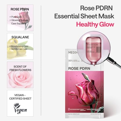 Image of MEDIHEAL Essential Face Mask [PDRN] Healthy Glow 10 pcs. with 99% Purity White Rose PDRN for Glass Skin, Pore Care, Skin Firming - Home Skin Care & Vegan Formula Korean Beauty Sheet Mask