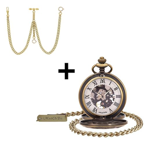Image of ManChDa Mechanical Roman Numerals Dial Skeleton Pocket Watches with Box and Chains for Mens Women