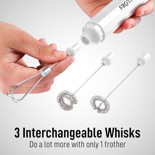 Zulay Froth N Go Milk Frother – Rechargeable 3-in-1 Handheld Frother Wand with Travel Case & USB-C Charger – Single, Double & Egg Whisk for Latte, Cappuccino, Matcha, Protein Shakes – White