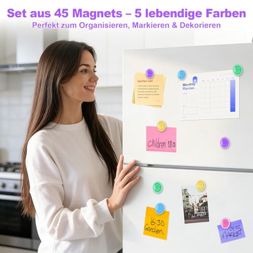 45 Stück runde Magnete, 30 x 8 mm, Starke Bunte Mini-Magnete für Whiteboard, Pinnwand, Kühlschrank, Schultafel, Schranktüren und andere Metalloberflächen