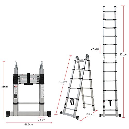 12.5ft 330 Pound Capacity double side Aluminum Telescopic Extension Ladder Certified Extendable Telescoping Ladder with Finger Protection and Spring Loaded Locking Mechanism Non-slip Ribbing