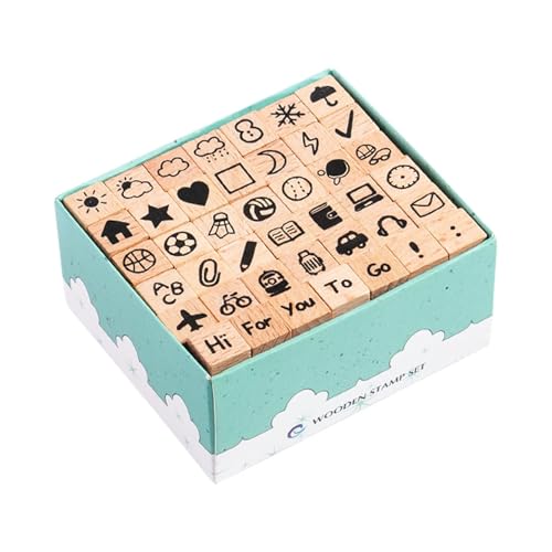 Pequeños sellos de madera: 42 sellos decorativos de madera | Juego de sellos portátiles para manualidades con para diarios, tarjetas y proyectos artísticos | Juego de sellos para adultos/niños