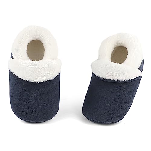 ESTAMICO Boys Girls Faux Fur Lined Suede House Slippers Cozy Memory Foam Slippers Breathable Indoor Outdoor Moccasins2
