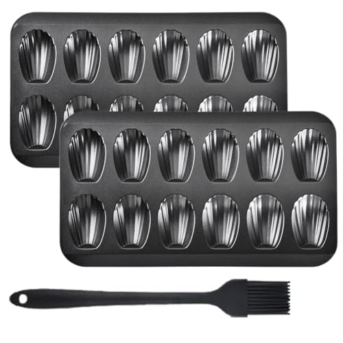 Moldes de repostería Madeleines, revestimiento antiadherente para desmoldar fácilmente, con pincel de aceite de silicona para horno, chocolate, brownies, galletas, color negro (12 huecos, 2 unidades)