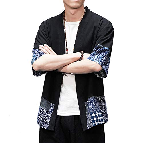 Image of PRIJOUHE Men's Kimono Jackets Cardigan Lightweight Casual Cotton Blends Linen Seven Sleeves Open Front Coat Outwear
