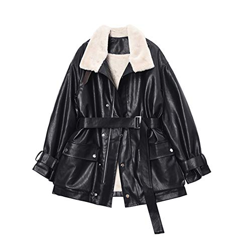 GUOCU Damen Mittellange Revers PU Lederjacke mit Fell,Pilotenjacke...