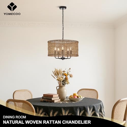 Image of 19.7 inch Black Rattan Chandelier, 5-Light Boho Wicker Light Fixture | Hand-Woven Rattan Pendant Light; Adjustable Height; Farmhouse Basket Drum Chandeliers for Dining Room, Kitchen, Bedroom, E12
