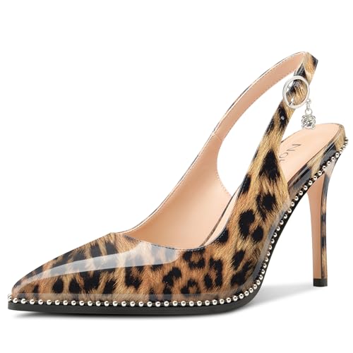 Image of NobleOnly Slingback Beaded Pumps for Women High Stiletto Heel Pointed Toe Slip-on Dress Sandals Adjustable Buckle Rhinestone Patent Leather 3.9 Inches Heels