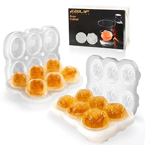 Ezilif Lot de 2 bacs à glaçons en silicone avec couvercle - Rose et ballon de football - 6 compartiments - Sans BPA - Grand bac à glaçons - Pour whisky, boissons froides, cocktails