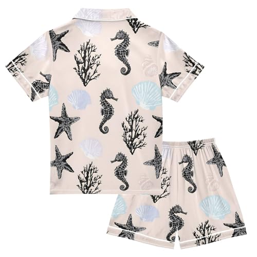 ALAZA Black Seahorse Star Coral Reef Satin Pajamas Set Short Sleeve Button Down Sleepwear Summer Pjs 2 Piece2