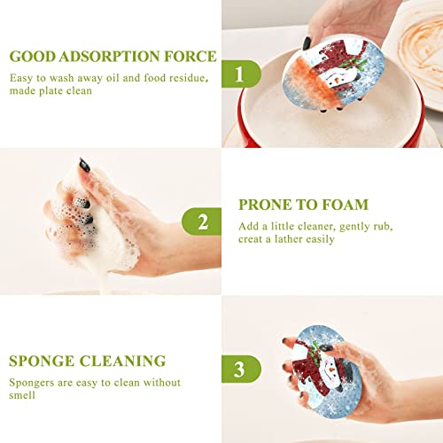 Image of Cute Smiling Winter Snowman Kitchen Sponges Christmas Snowflakes Xmas Holly Berry Red Scarf Cleaning Dish Sponges Non-Scratch Natural Scrubber Sponge for Kitchen Bathroom Cars pack of 3