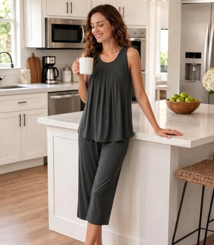 Image of NACHILA Pajamas for Women-Viscose Made from Bamboo, Sleeveless Pjs Tank Top Capri Pants Pajama Sets Cooling Sleepwear