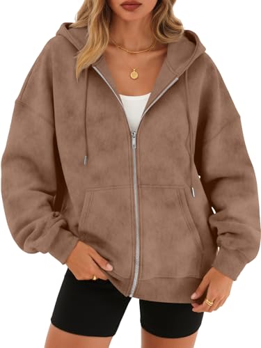 Trendy Queen Zip Up Hoodies for Women Acid Wash Oversized Sweatshirt Fall Fashion Jacket Cute Y2k Winter teen girls pullover Coffee M