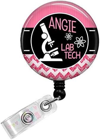Personalized - Lab Tech with Microscope - Pink - Glitter Chevron - Button Badge Reel - BR0034