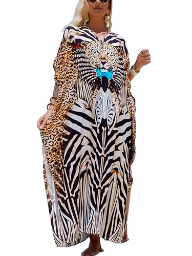 IMAGEKOPE Women's Plus Size Loose Fit Moroccan Print V-Neck Batwing Kaftan Beach Dress Bathing Suit Cover Up