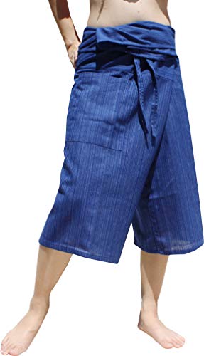 RaanPahMuang Brand Thin Striped Cotton Thai Fisherman Capri Wrap Pants, Small, Mid Dark Blue