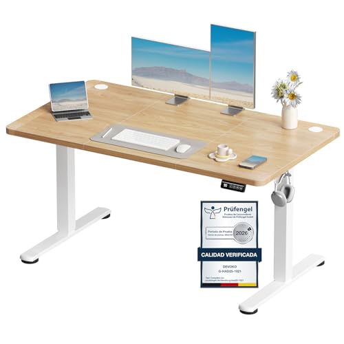 Devoko 120x60 cm Escritorio Regulable en Altura, Escritorio Elevable Eléctrico Telescópico Bidireccional, Escritorio de Oficinay Hogar, para Estudio en Casa con Tablero Ensamblado, Beige