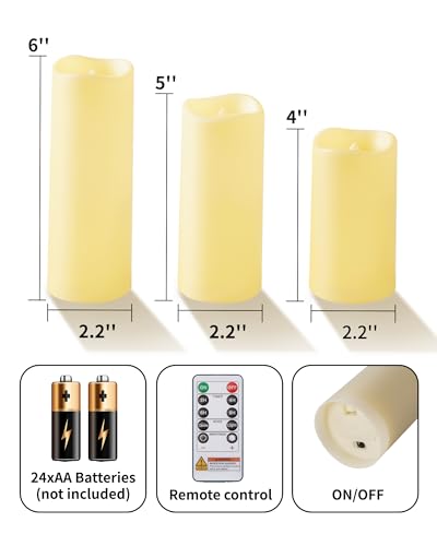 Image of Raycare 12pcs Large Waterproof Outdoor Flameless Candle, Battery Operated LED Candles with Remote Control and Timer, Flickering Electric Fake Plastic Pillar Candles, Ivory, D 2.2 inch x H 4 inch 5 inch 6 inch
