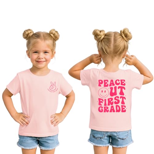 KEKEMI Kid Girls Last Day of School Shirts Peace Out First Grade T-Shirt School Graduation Tee Summer Vacation Tops Outfit 7Y(First Grade-Light Pink,7Y)