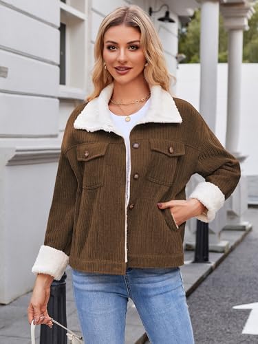 ZAFUL 2024 Womens Sherpa Fleece Jacket Button Down Corduroy Shacket Casual Winter Warm Coat With Pockets2