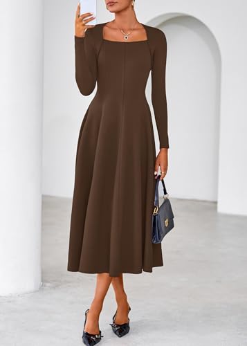 Lazysmile Long Sleeve Fall Dresses for Women Square Neck A Line Flowy Casual Elegant Wedding Guest Party Maxi Dress Brown — view 4