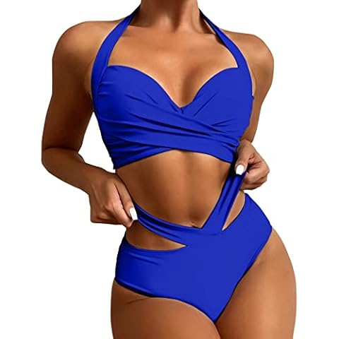 LOPILY Women Two-Pc Solid Swimsuits Sexy Halter Straps Push Up Padded Bra and High Waist Briefs Bandage Knicekers Swimwear Suits Ladies Bikini Sets Summer Tankini Bathing Suits, A1-blue, M Cover