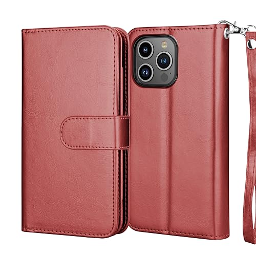 Njjex Wallet Case for iPhone 15 Pro Max 6.7\" 2023, for iPhone 15 Pro Max Case, [9 Card Slots] PU Leather ID Credit Holder Folio Flip [Detachable] Kickstand Magnetic Phone Cover & Lanyard [Wine Red] - Thumbnail 7