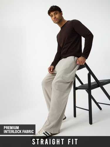 Image of The Souled Store Solids: Stone Grey Men and Boys Elastic Waistband Stone Grey Solid Cotton Blend Knit Straight Fit Cargo Pockets Lightweight Everyday All-Season Joggers