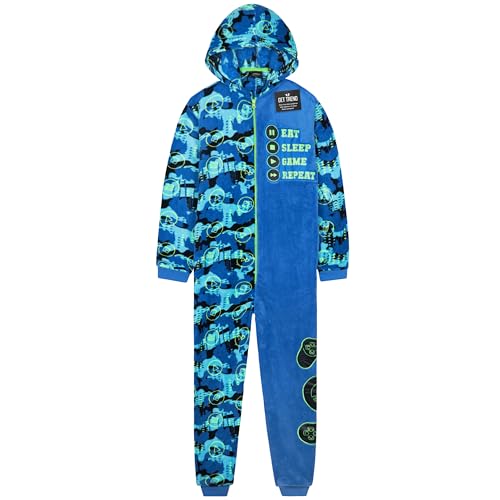 Get Trend Pyjama Grenouillère Polaire Garçon et Ado, Tenue de Cocooning à Capuche, Style Gaming, Idée Cadeau Gamer (13-14 Ans, Bleu Gaming)