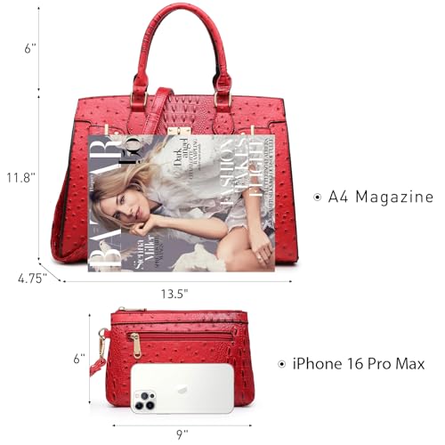 Dasein Women Handbags and Purses Ladies Shoulder Bag Top Handle Satchel Tote Work Bag with Wallet (3-Ostrich New Handles Red)