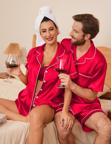 Image of Ekouaer Couple Matching Pajamas Sets Silk Short Sleeve Button Down Sleepwear Satin Pjs Shorts Set Soft Loungewear S-XXL