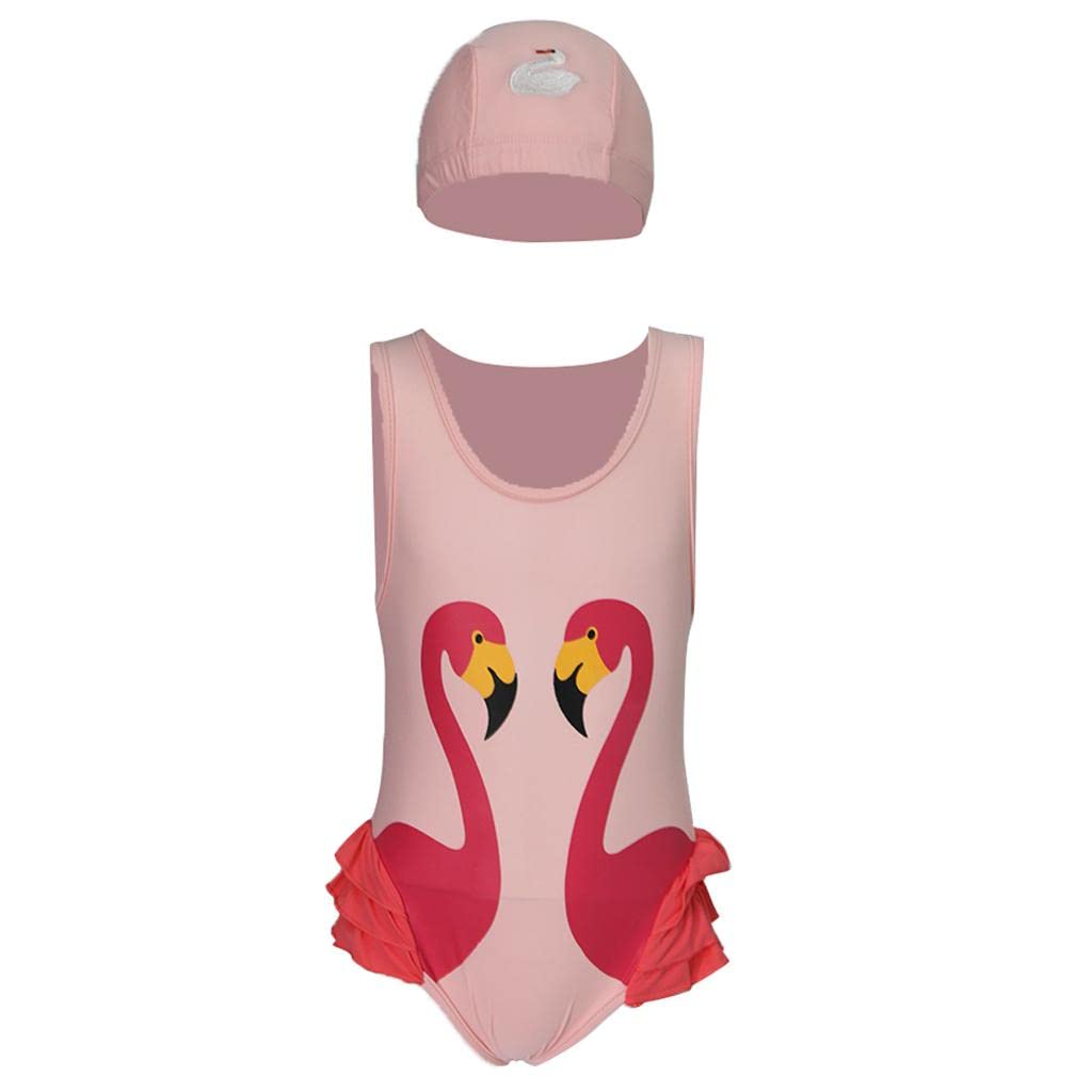 Kids Swan Print One-Piece Swimsuit with Cap Ruffle Beachwear Pink XXL-image-25