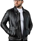 Aviator Styled Mens Leather Jacket | With Dual Access Front Pockets | Vintage Black Leather Jacket | Motorbike Real Leather Jacket Mens | Large