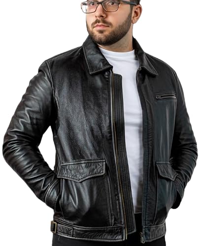 Aviator Styled Mens Leather Jacket | With Dual Access Front Pockets | Vintage Black Leather Jacket | Motorbike Real Leather Jacket Mens | Large