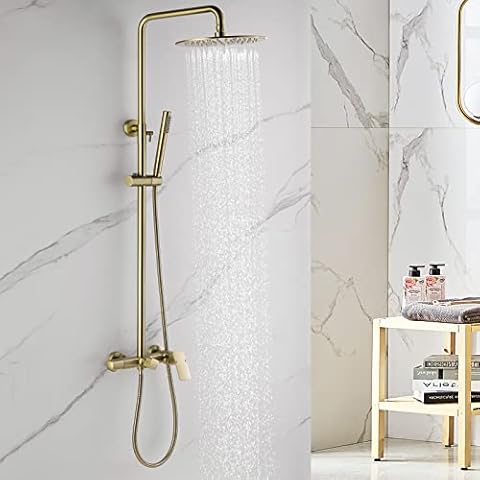 RBROHANT Brushed Gold Exposed Shower System with Tub Spout, 3-Functional Exposed Shower Fixtures with Brass Valve, Shower Height Adjustable, Wall Mounted, RB0880 Cover