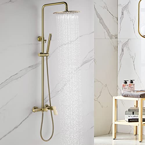 Rbrohant Brushed Gold Exposed Shower System With Tub Spout, 3-Functional Exposed Shower Fixtures With Brass Valve, Shower Height Adjustable, Wall Mounted, Rb0880 #TOP11