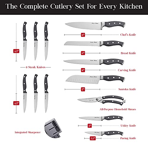 Master Maison 15-Piece Premium Kitchen Knife Set With Block German Stainless Steel Knives With Knife Sharpener & 6 Steak Knives (Gray) #TOP1