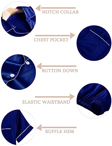 Swomog Women Silk Satin Pajama-Sets Button-Down Pjs Sets Ruffle Hem Sleepwear Short Sleeve Loungewear Two Pcs Pyjamas Navy Blue #TOP3