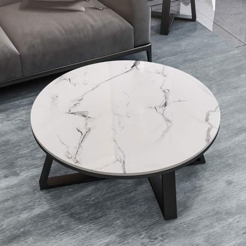Image of Furniture Cafe Modern Round Coffee Table with White Marble Finish Top and Black Metal Base - Living Room Center Table
