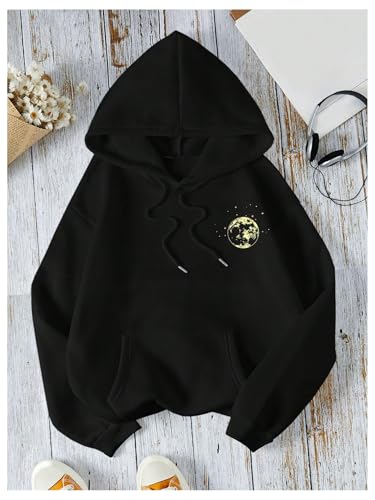 SOLY HUX Women's Graphic Hoodies Drawstring Long Sleeve Moon Print Sweatshirt Pullover Fall Tops Black Moon Large