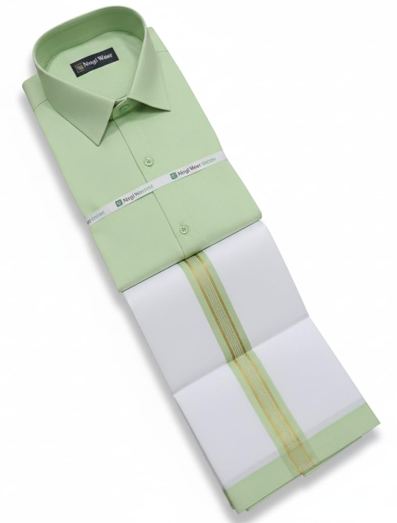 Light Green Vesti Shirt Set for Men Cotton – Dhoti and Pista Shirt Combo | South Indian Veshti Shirt Set | Ethnic Wear Dhoti Shirt Combo-image-41