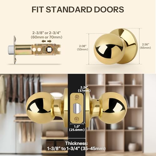 LOQRON Ball Design Door Knob No Lock, Passage Round Shaped Non-Locking Doorknob for Hallway/Closet, Polished Brass Finish - Image 8