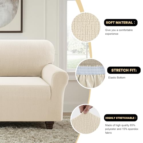PrinceDeco Waterproof Couch Covers Slipcovers for Sofas,1 Piece Stretch Jacquard Sofa Slipcover Leakproof Pet Friendly Furniture Protector for Kids, Dog (Sofa Seat Width 52"-58", Ivory) by PrinceDeco - Image 5