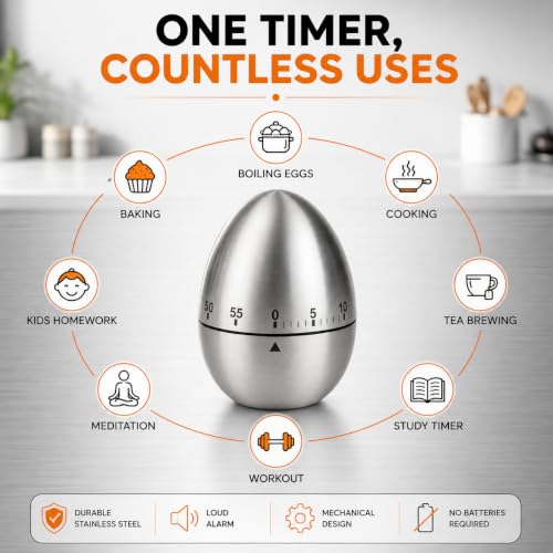 Image of KRESHU Stainless Steel Egg Kitchen Timer, Mechanical 60 Minute Pomodoro | For Cooking and Baking, Compact Manual Stopwatch, for Home and Office