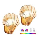 Weyderk Vintage Battery Operated Wall Sconces with Remote, Amber Rechargeable Wireless Wall Sconces with Magnetic LED Bulbs, Indoor Shell Shaped Wall Lights for Living Room, Bedroom, Doorway, Set of 2