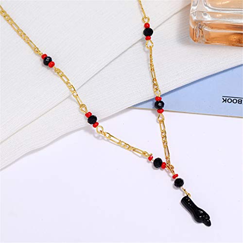 Caiyao Black Azabache Hand Figa Charm Stainless Steel Link Chain Bracelet For Women Men Girl Boy 18K Gold Plated Good Luck Kabbalah Evil Eye Amulet Bracelet Protection Jewelry-D Necklace #TOP2