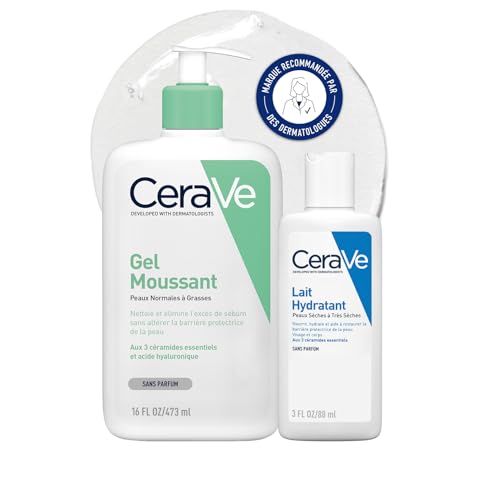 CeraVe – Routine Hydratante – Gel Moussant 473 ml + Lait Hydratant 88 ml – Nettoie, Hydrate & Préserve la Barrière Cutanée – Soins aux 3 Céramides Essentiels – Peau Mixte à Grasse