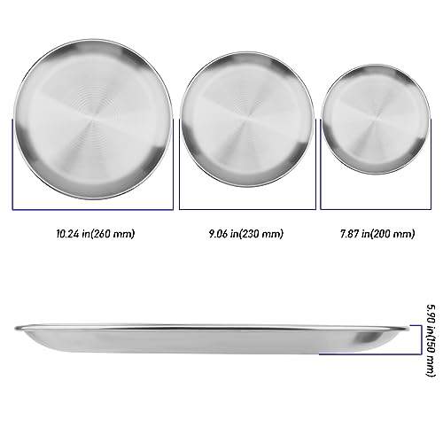 ZEONHEI 3 Stück Edelstahl Teller Set, Φ20/23/26cm Edelstahl Rundes Geschirr, Silber Unterteller Edelstahlteller Servierteller Metallteller Camping Teller Platzteller für Picknick, Küche, Party