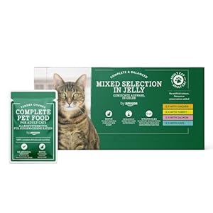 by Amazon Getreidefreies Alleinfutter für ausgewachsene Katzen, gemischte Auswahl in Gelee, 4,8 kg (48 Packungen à 100 g)